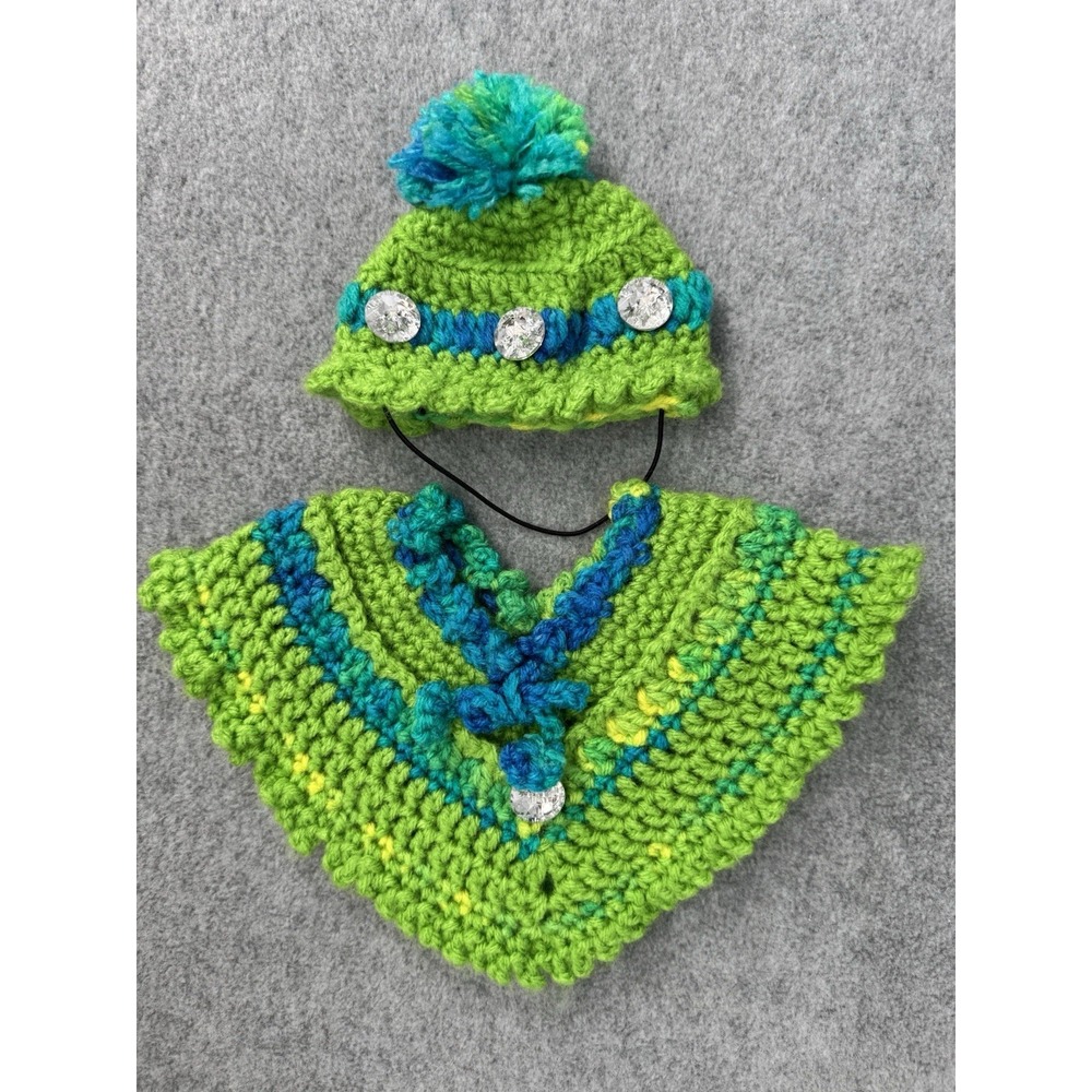 Dog‎  Sweater Cape & Hat Set Small Green Blue Handmade Crocheted Puppy